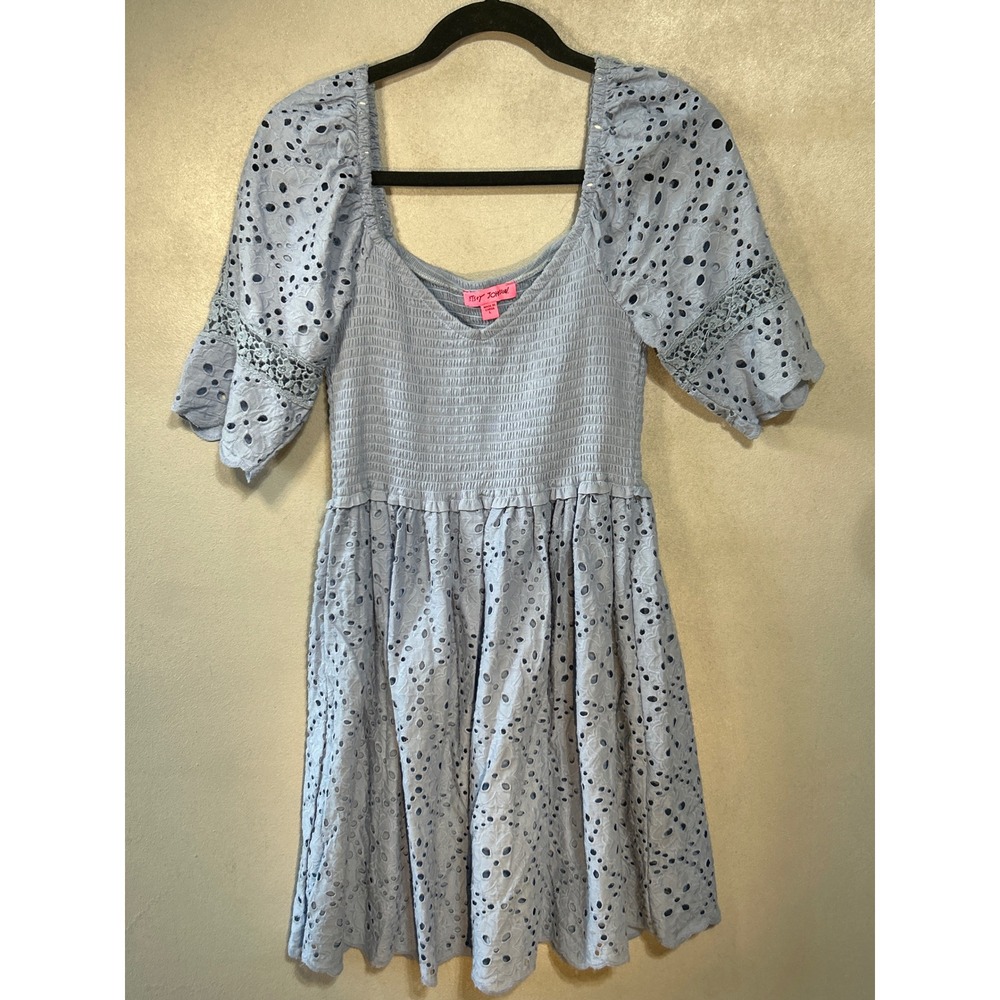 Betsey Johnson Light Blue Eyelet Lace Smocked Mini Dress Puff Sleeve Large
